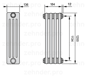 Схема (чертеж) Радиатор Zehnder Charleston 4120/4 №7610 Белый глянцевый RAL 9016